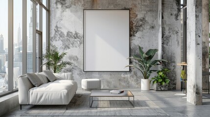 Modern Office Space with Blank Poster on Wall
