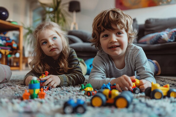 Fototapeta premium happy siblings playing with toys at home