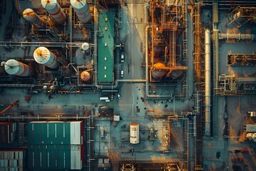 Aerial View of an Industrial Complex with Pipelines and Storage Tanks