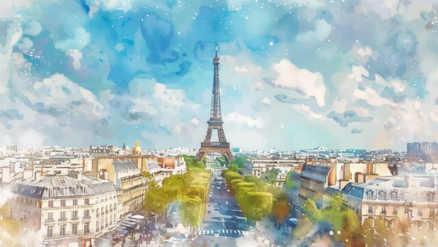 Eiffel Tower City View parIllustration Background Paris France Landmark Cityscape Iconic Architecture, Tourism vector scene