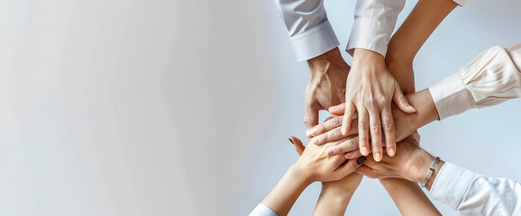 A group of hands joined together from different cultures and countries