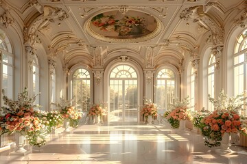 Elegant Sunlit Hall with Floral Arrangements and Ornate Architecture