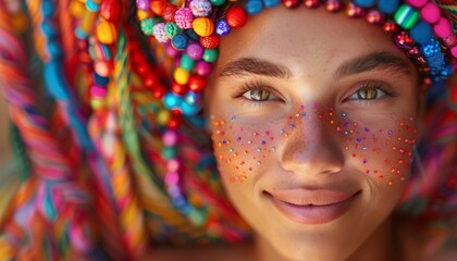 Obraz premium Vibrant Portrait of Joyful Girl with Colorful Beads in Hair, Cultural Diversity Concept