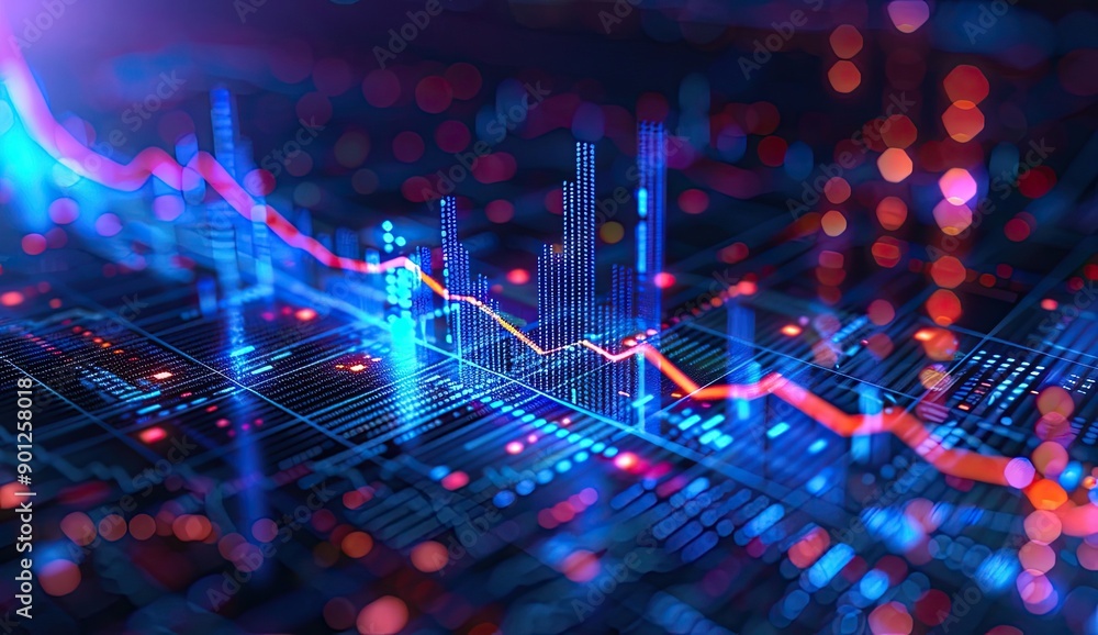 Poster a red line declining on a blue digital graph