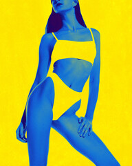 Contemporary art collage. Slim woman with neon-blue toned body posing in swimsuit which blends with...