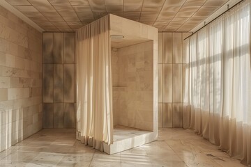 Elegant Minimalist Shower Space with Natural Light and Soft Drapes