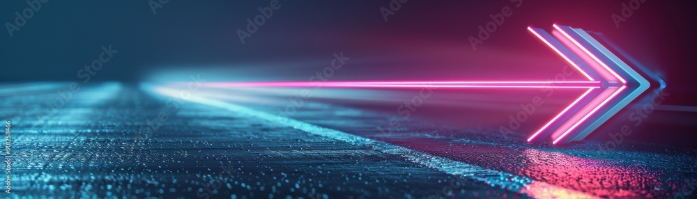 Poster a vibrant arrow made of neon lights, reflecting on a wet surface, symbolizing direction and movement