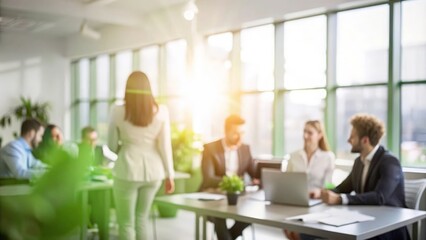 Green Office Environment with Blurred Professionals and Natural Light
