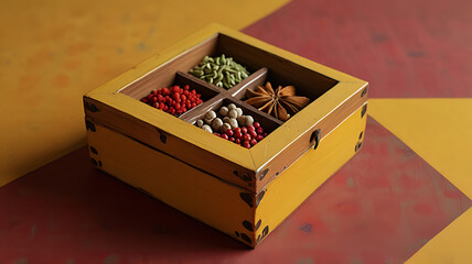 A traditional Indian wooden spice box with multiple compartments, placed on a vibrant yellow background.
