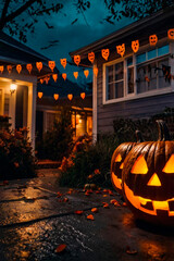 Halloween pumpkin head jack lantern in front of a house at night