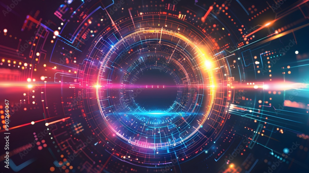 Poster futuristic digital interface with vibrant circular patterns and light trails