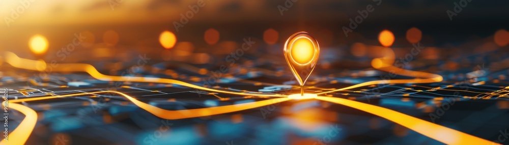 Poster a vibrant map with a glowing location pin, symbolizing navigation and connectivity in a modern digit