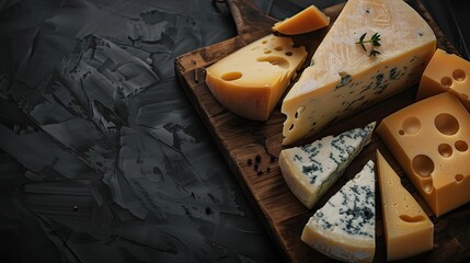 Assorted cheese selection on a wooden board against a dark textured background, featuring various types of gourmet cheeses.