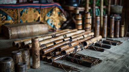 A collection of bamboo flutes and other instruments in a traditional setting