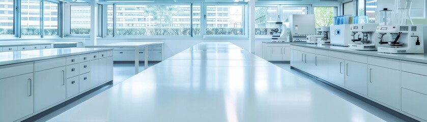 Fototapeta premium Bright and modern laboratory interior with clean surfaces and organized equipment for scientific research and experimentation.
