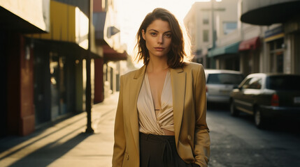 Fototapeta premium young attractive woman walking on city street