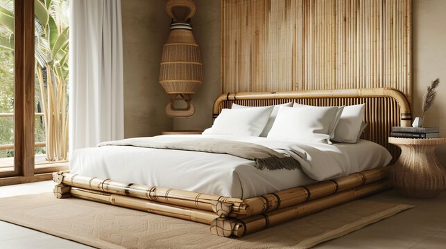 A stylish bamboo bed frame in a cozy bedroom setting