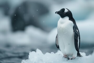 Obraz premium Penguin amidst a melting polar ice landscape.
