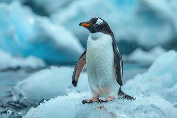 Fototapeta premium Penguin amidst a melting polar ice landscape.