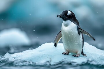 Fototapeta premium Penguin amidst a melting polar ice landscape.