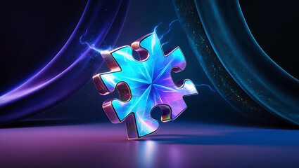 Jigsaw puzzle hologram is drawn in a futuristic light blue style.  Neon lines and stars network structure. Modern wireframe design