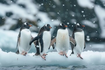 Fototapeta premium Penguin amidst a melting polar ice landscape.