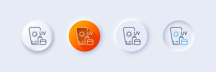 Sunscreen line icon. Neumorphic, Orange gradient, 3d pin buttons. Uv Sun cream sign. Sunblock lotion symbol. Line icons. Neumorphic buttons with outline signs. Vector