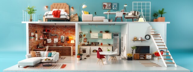 Loft apartment exposed brick walls flat design illustration