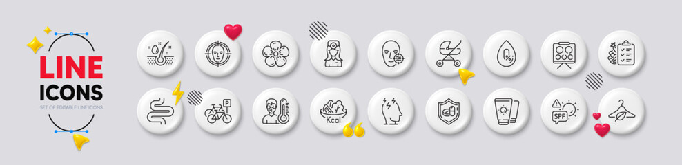 Spf protection, Slow fashion and Diet menu line icons. White buttons 3d icons. Pack of Oculist doctor, No alcohol, Serum oil icon. Natural linen, Stress, Sunscreen pictogram. Vector