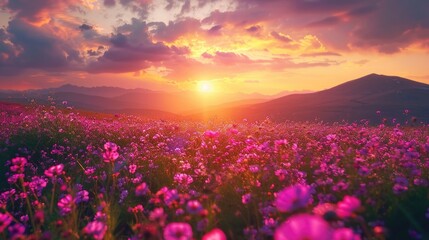 Obraz premium A picturesque scene of a field of flowers with the sun setting in the background