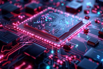 Obraz premium Digital art of a microchip with fractal patterns and neon colors captures the essence of tech aesthetics.