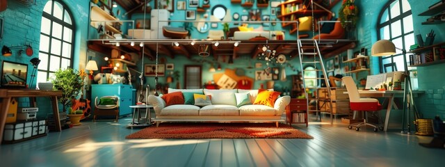 Loft apartment exposed brick walls flat design illustration