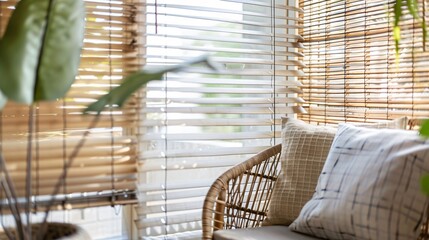 Bamboo window blinds in a bright, airy room