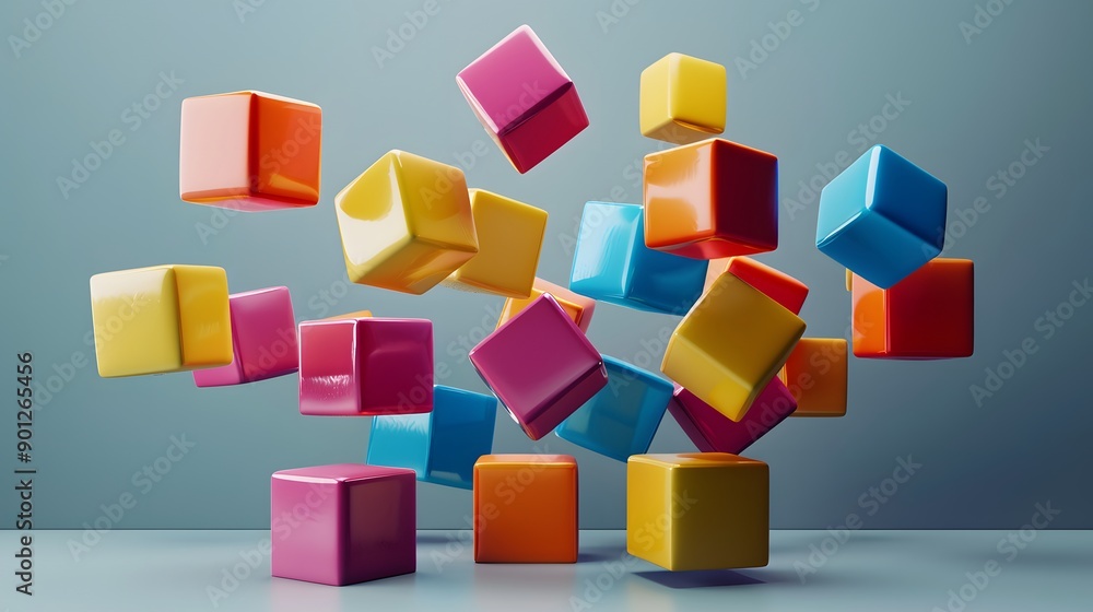 Poster colorful floating cubes in a dynamic arrangement