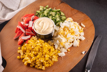 crab sticks salad ingredients: surimi, eggs, corn, cucumber and sause
