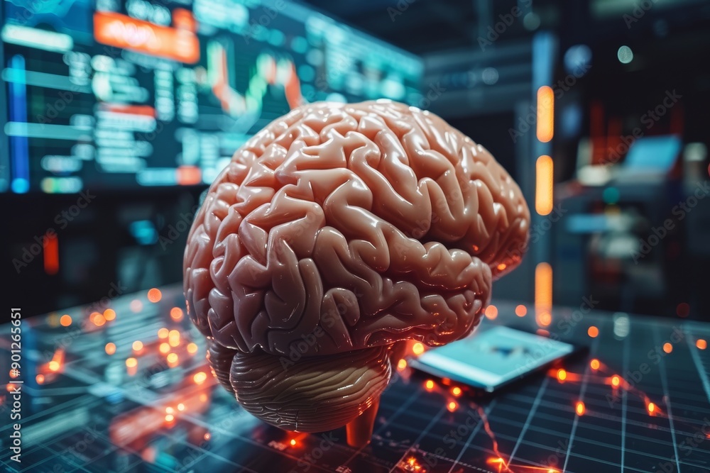 Aufkleber anatomical brain model on a circuit board with neon lights and digital elements symbolizing the inte