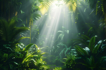 Fototapeta premium A lush, dense jungle with sunlight filtering through the green leaves
