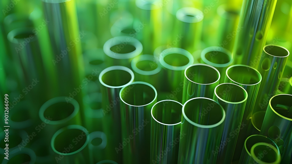 Poster abstract close-up of green test tubes in a laboratory setting