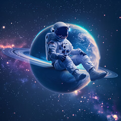 A spaceman or astronaut sitting on Saturn planet