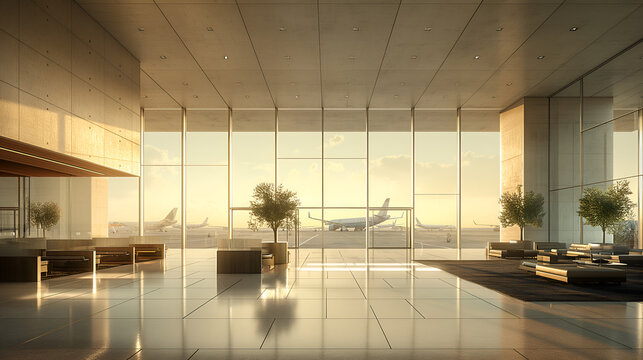 A modern international airport terminal with large glass windows and green plants