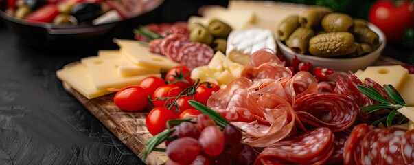 Close-up of a luxurious charcuterie board with cheese, meats, olives, tomatoes, and grapes, perfect for gourmet dining and entertaining.