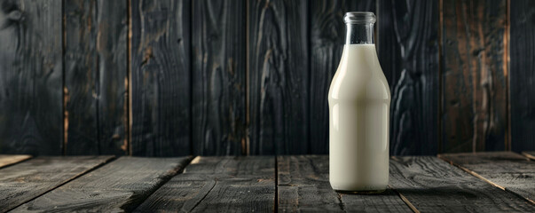 Fresh milk in a transparent bottle against a black wooden background, highlighting the creamy texture of the milk against the dark wood.