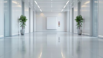 Obraz premium Empty 3D studio with a white futuristic background, neon-lit corridor, and silver road, set against gray walls for a high-tech vibe.