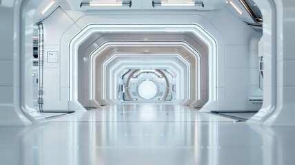 Futuristic 3D room with a white background, abstract light effects, and technology tunnel stage, featuring silver floor and black walls.