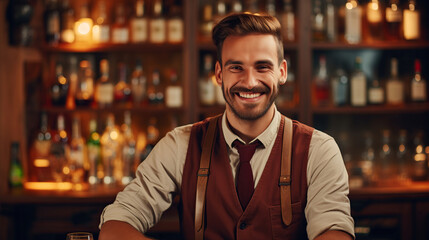 Obraz premium Smiling bartender in a cozy bar surrounded by glimmering bottles at night. A cheerful barman serves drinks in a warm, inviting bar