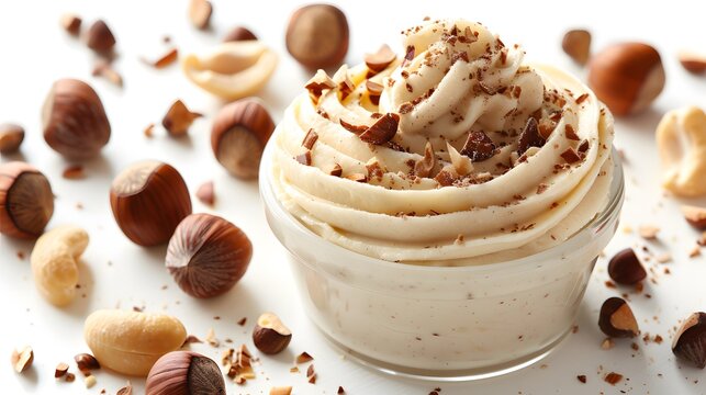 Creamy Nut Dessert Topped with Chopped Hazelnuts and Surrounded by Mixed Nuts