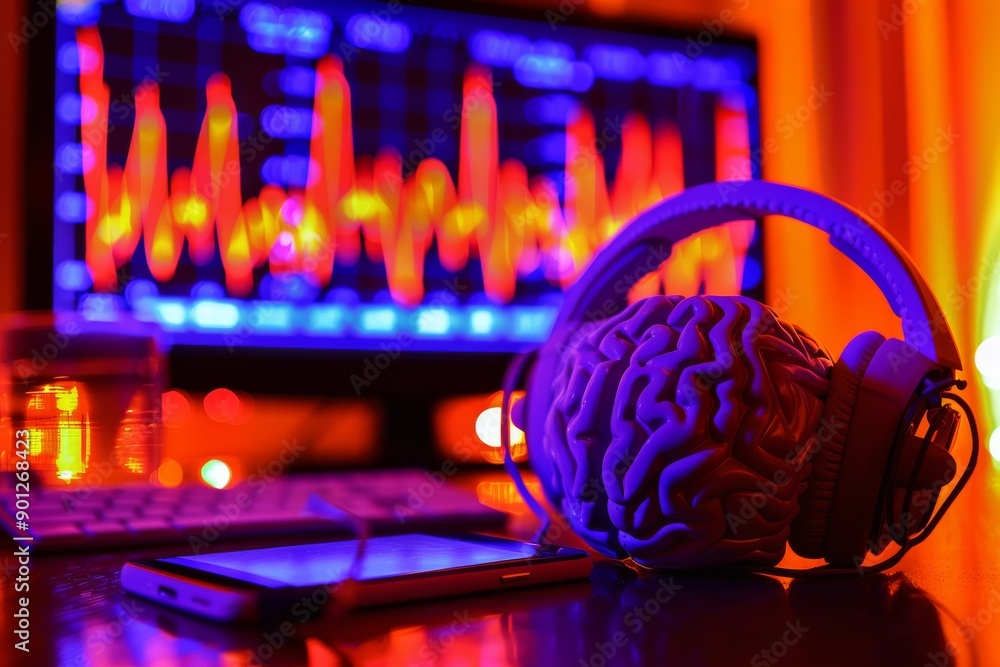 Poster vibrant stock market data visualization with neon lights and a brain model representing financial in