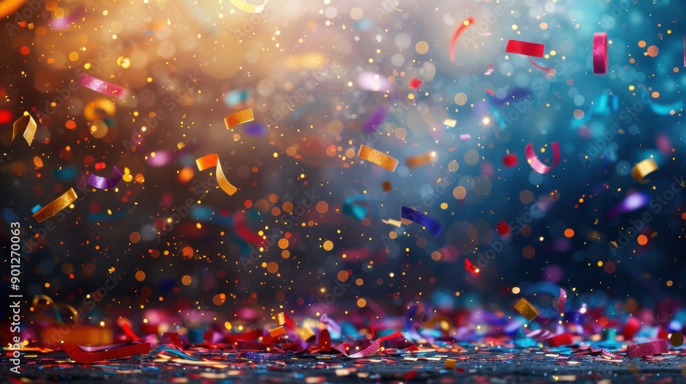 Poster festive scene with colorful confetti and bokeh lights, creating a joyful and celebratory atmosphere 