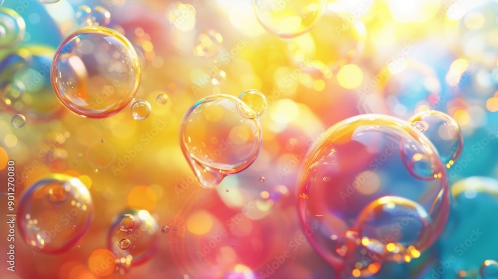 Poster close-up of colorful bubbles with bokeh lights in the background, creating a dreamy and magical visu