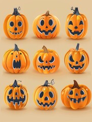 A selection of carved pumpkins with unique facial expressions, perfect for Halloween decorations or spooky themed designs